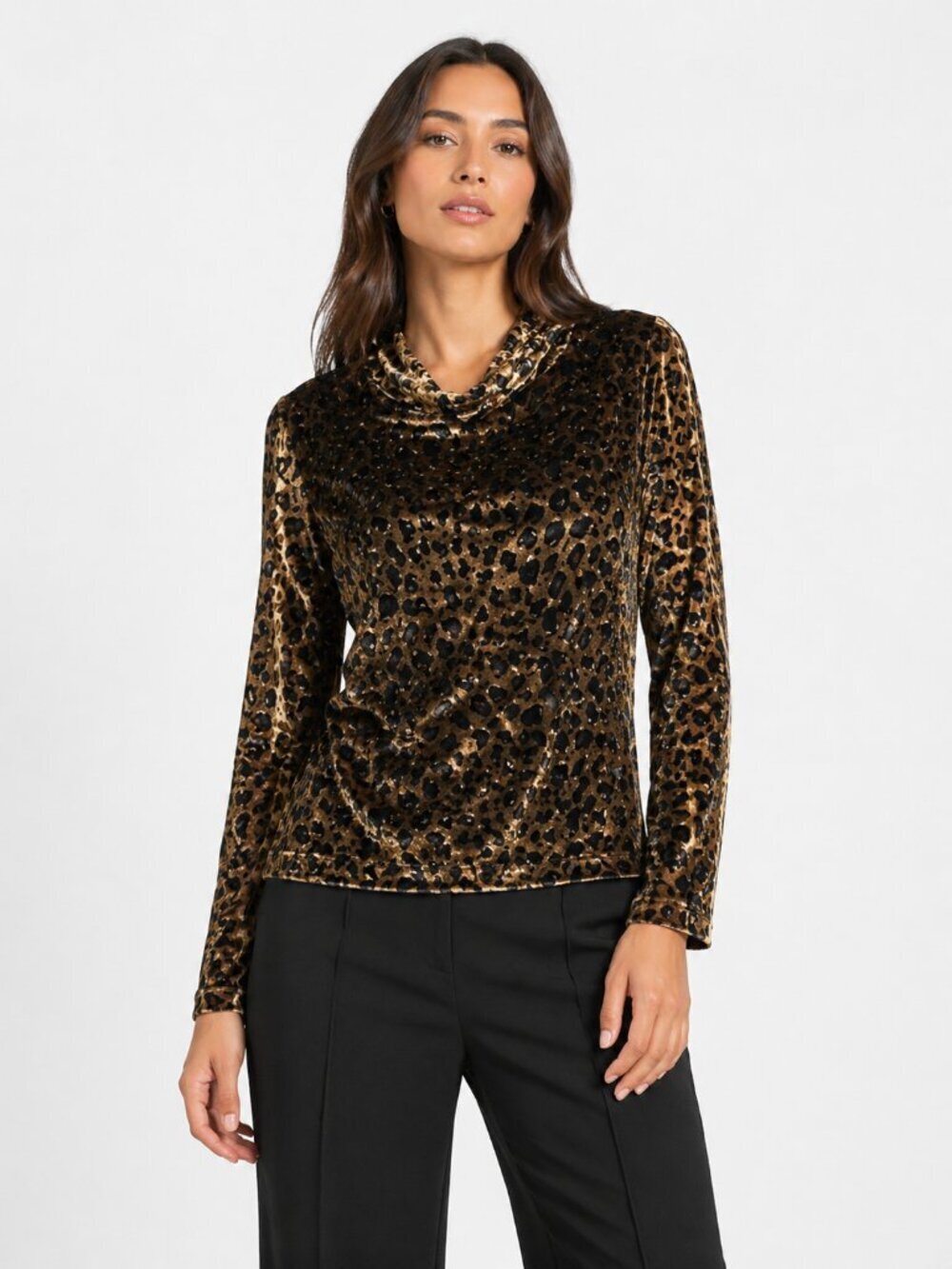 SKEA SHIMMIES Gold Leopard Velvet Cowl Neck Long Sleeve Top Women’s Medium